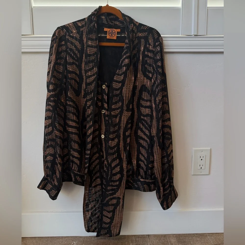 Tory Burch Silk Blend Printed Tie Neck Blouse Black Brown Size 12
